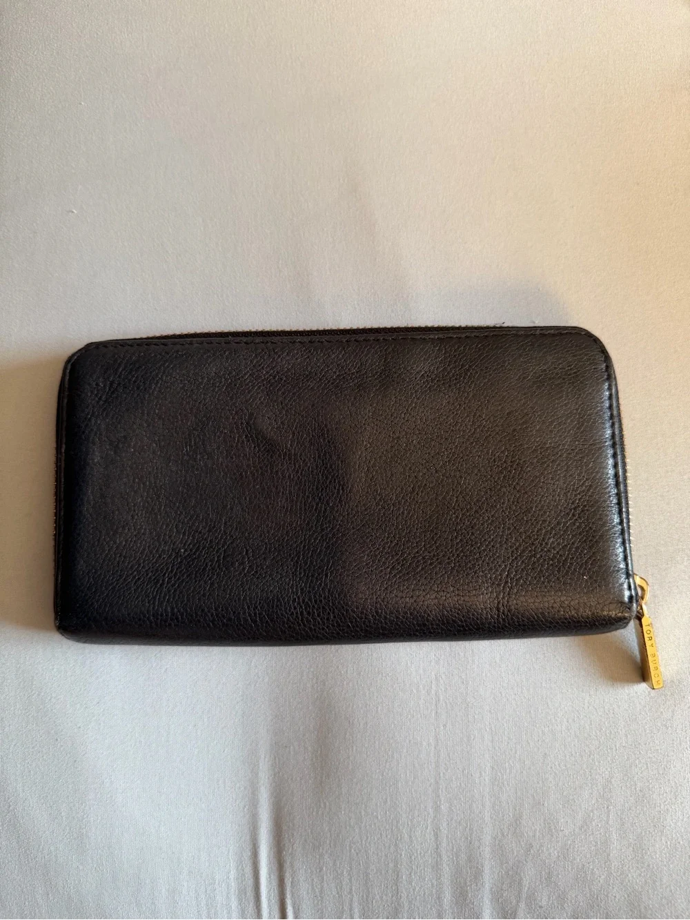 Tory Burch Black Leather Zip-Around Wallet with Logo